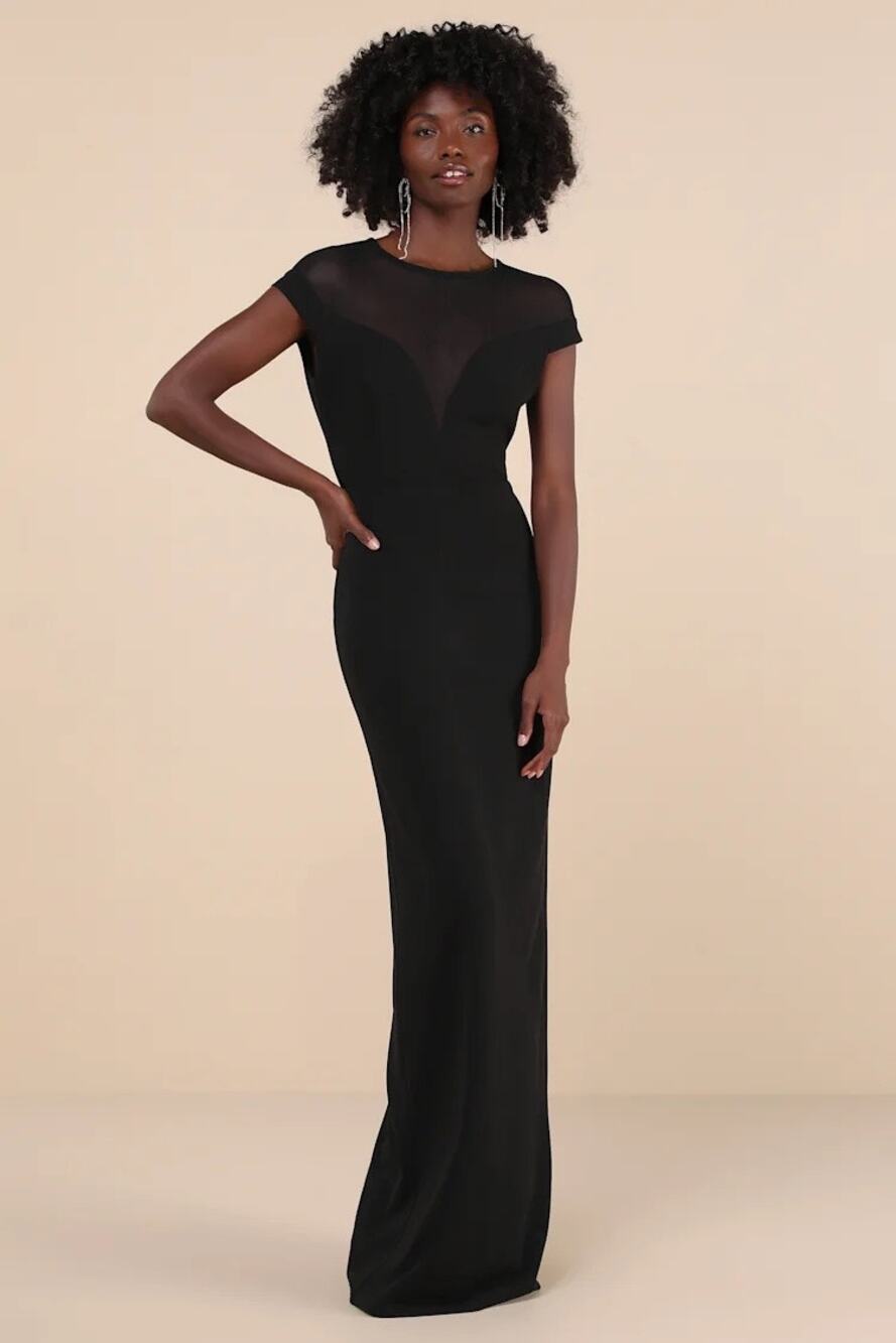 Lulus Truly Mysterious Black Sheer Mesh Cap Sleeve Maxi Dress Wedding Size M